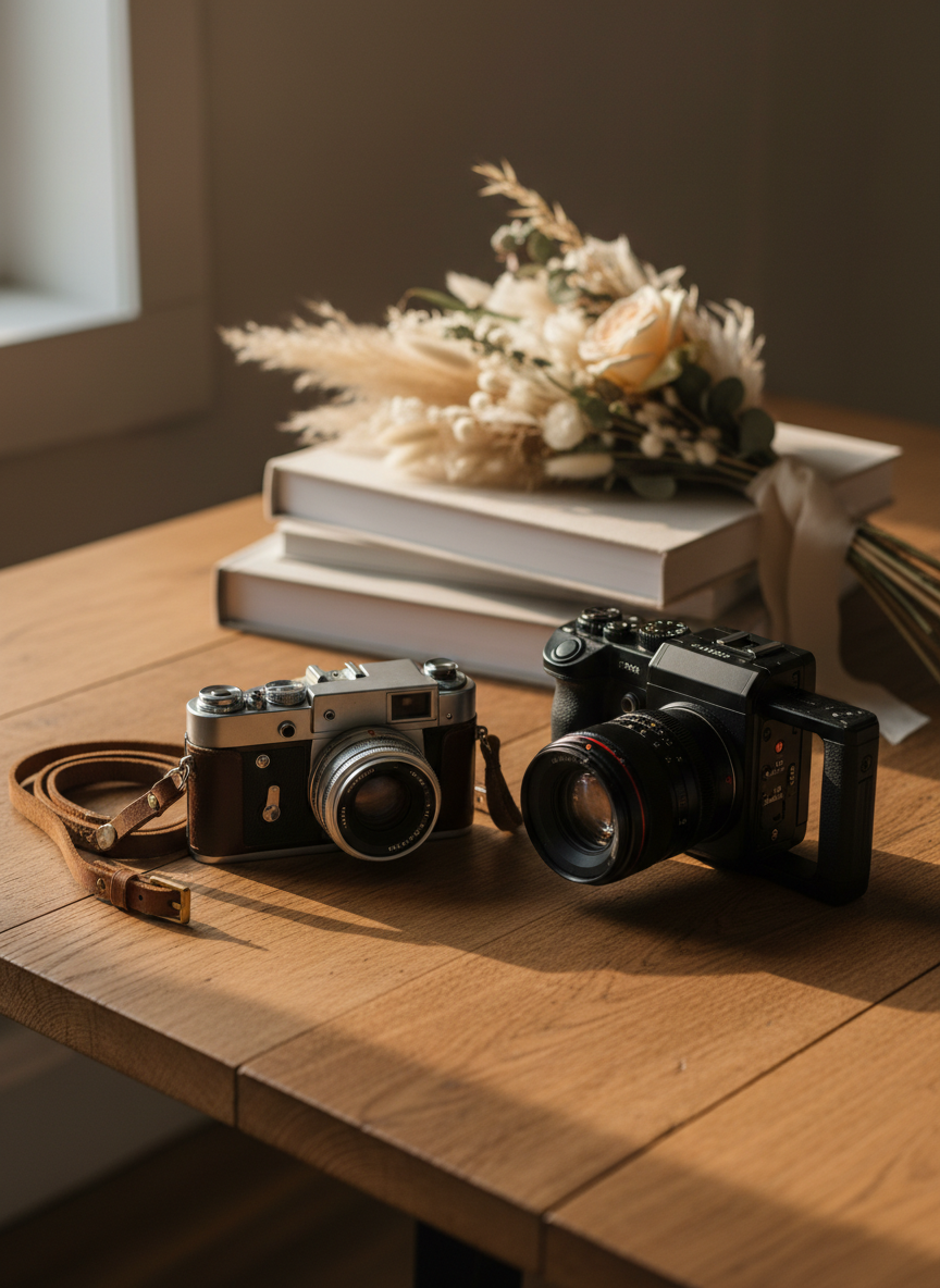 A pair of vintage-inspired 35mm film cameras and a modern mirrorless cinema camera rest carefully on a reclaimed oak table, their leather straps coiled gracefully beside them. Soft golden hour light filters through an unseen window, catching on the brushed metal dials and warm brown leather, creating subtle highlights and elongated shadows. In the softly blurred background, a stack of linen-bound wedding albums and a single dried floral bouquet suggest past celebrations. Photographed at eye level with a shallow depth of field, the focus lingers on the elegant craftsmanship of the cameras. The mood is nostalgic, sophisticated, and timeless, with a photographic realism that evokes documentary-style wedding coverage and a warm, romantic atmosphere without showing any people.