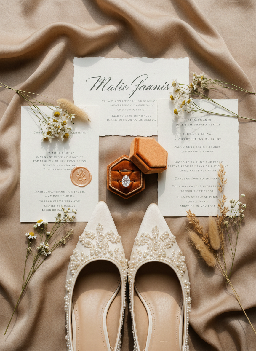 A carefully styled flat lay of wedding day details is arranged on a muted, hand-dyed silk backdrop in warm taupe tones. At the center, a pair of pearl-embellished bridal shoes points toward a delicate, vintage-inspired ring box holding a simple gold band and an oval-cut engagement ring. Surrounding them, a torn-edge invitation suite with elegant serif typography, a pressed wax seal, and sprigs of dried meadow flowers create layers of texture. Soft, diffused window light from above bathes the arrangement, producing gentle gradients and barely-there shadows. Captured from directly overhead with crisp photographic realism, the composition feels editorial yet organic, emphasizing nostalgic, documentary-inspired wedding aesthetics without any visible people, perfect for a sophisticated Missouri-based wedding photography portfolio.